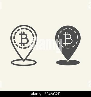 Riga di posizione Bitcoin e icona glifo. Immagine vettoriale Bitcoin e pin della mappa isolata in bianco. Design stile contorno puntatore mappa criptovaluta Illustrazione Vettoriale