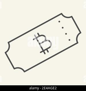 Icona della linea sottile del bitcoin del biglietto. Illustrazione del vettore dei ticket Crypto isolata in bianco. Design a profilo criptovalente, progettato per il Web e le applicazioni. EPS Illustrazione Vettoriale