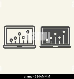 Linea del grafico SEO e icona del glifo. Grafico sull'illustrazione vettoriale del laptop isolato su bianco. Computer con disegno a schema, progettato per il web e. Illustrazione Vettoriale