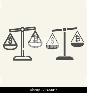 Equilibrio di denaro e criptovaluta linea e icona glifo. Bitcoin e dollaro su scala immagine vettoriale isolato su bianco. Bitcoin e dollaro su Illustrazione Vettoriale