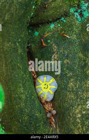 La pietra colorata dipinta dal lato del percorso sta diventando una tendenza Segno della comunità 'rocce dipinte' Foto Stock