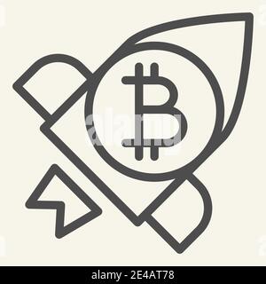 Icona della linea di lancio di Bitcoin. Illustrazione del vettore a razzo a criptovaluta isolata su bianco. Design a profilo per navicella spaziale Cryptocurrency, progettato per Illustrazione Vettoriale