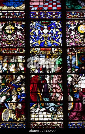 Vista ad angolo basso di una vetrata di una cattedrale, Notre Dame De Paris, Rouen, dipartimento della Senna Marittima, Normandia, Francia Foto Stock