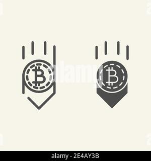 Bitcoin freccia giù e icona glifo. Immagine vettoriale caduta bitcoin isolata su bianco. La criptovaluta riduce lo stile del contorno, progettato per Illustrazione Vettoriale