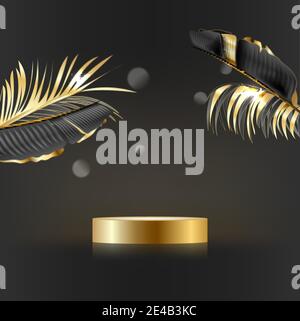 Scena minimalista con forme geometriche. Podio cilindrico su sfondo nero con foglie d'oro. Illustrazione Vettoriale