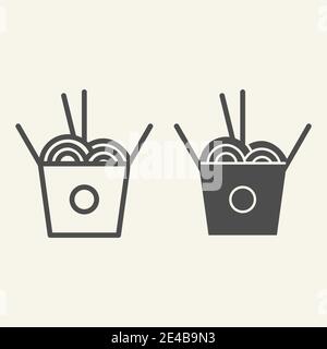 Linea di spaghetti cinesi e icona glifo. Noodle in box vettoriale illustrazione isolato su bianco. Design in stile outline per il cibo asiatico, progettato per il Web e le applicazioni Illustrazione Vettoriale
