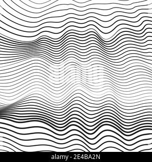 Ondulazione di linee sottili. Onde dinamiche bianche e nere. Modello di fluido monocromatico vettoriale. Disegno astratto op art. Curve sottili. Background tecnico. EPS10 Illustrazione Vettoriale