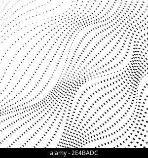 Linee ondulate tratteggiate nere. Forme d'onda diagonali, sfondo bianco. Modello dinamico vettoriale. Design op art monocromatico. Grafico a mezzitoni astratto. EPS10 Illustrazione Vettoriale