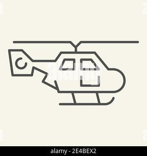 Icona della linea sottile della vista laterale dell'elicottero. Illustrazione vettoriale del trasporto aereo isolata in bianco. Design chopper in stile outline, progettato per il web e le app. EPS Illustrazione Vettoriale