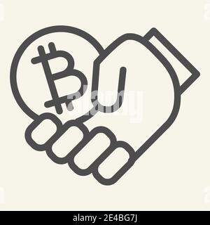 Icona della criptovaluta nella linea manuale. Immagine vettoriale Bitcoin e ARM isolata in bianco. Design a forma di contorno con tenuta a mano cripto money, progettato per Illustrazione Vettoriale