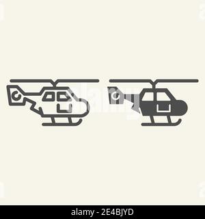 Linea della vista laterale dell'elicottero e icona glifo. Illustrazione vettoriale del trasporto aereo isolata in bianco. Design chopper in stile outline, progettato per il web e le app Illustrazione Vettoriale