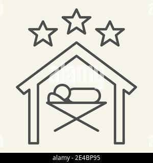 Icona sottile scena di Natale. Nascita di Cristo Santa notte contorno stile pittogramma su sfondo bianco. Il bambino Gesù giace nella mangiatoia sotto le stelle per Illustrazione Vettoriale