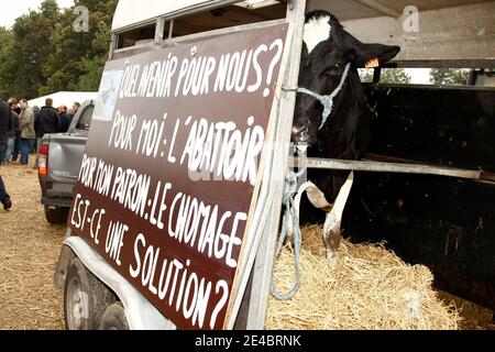 Migliaia di agricoltori con 400 trattori scaricano circa 4 milioni di litri di latte in un giacimento a Ciney, nel Belgio meridionale, il 16 2009 settembre, poiché la rabbia è precipitata sul calo dei prezzi. L'ultima azione in tutta l'Europa è stata intrapresa dopo il ministero delle aziende agricole dell'Unione europea Foto Stock