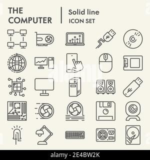 Set di icone della linea del computer, raccolta di simboli del dispositivo, schizzi vettoriali, illustrazioni del logo, pacchetti di pittogrammi lineari dei segni digitali isolati su bianco Illustrazione Vettoriale