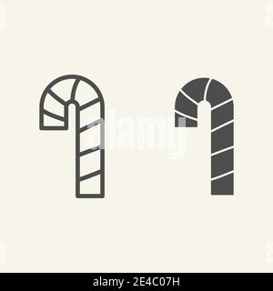 Linea di canna di caramella e icona piena. Natale menta candy canna con strisce contorno stile pittogramma su sfondo bianco. Dolce bastone per le vacanze Illustrazione Vettoriale