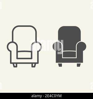 Linea sedia morbida e icona fissa. Comodo simbolo di poltrona classica, pittogramma in stile contorno su sfondo beige. Sedie mobili per relax segno per Illustrazione Vettoriale