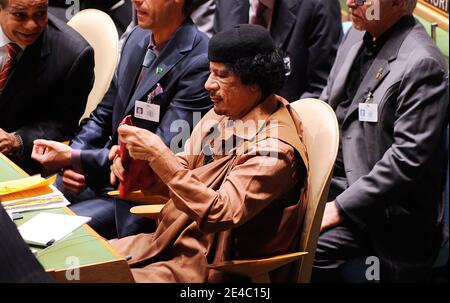 Il leader libiano Moammar Gadhafi partecipa alla 64 a Assemblea Generale alle Nazioni Unite a New York, NY, USA il 23 settembre 2009. Foto di Olivier Douliery/ABACAPRESS.COM (nella foto: Muammar Gheddafi ) Foto Stock