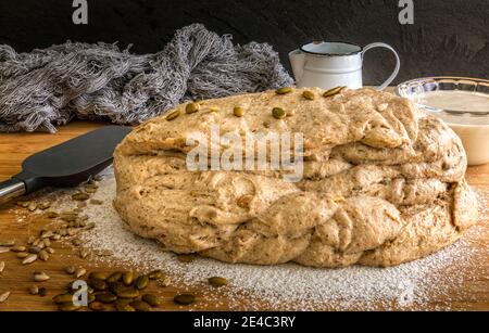 Pasta fresca fatta in casa, pasta intera di grano con zucca e semi di girasole Foto Stock