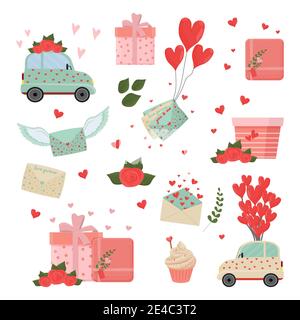 San Valentino, data romantica o amore set in stile appartamento. Lettere con cuori, rose, regali carini, auto, cupcake isolato su sfondo bianco. Design elem Illustrazione Vettoriale