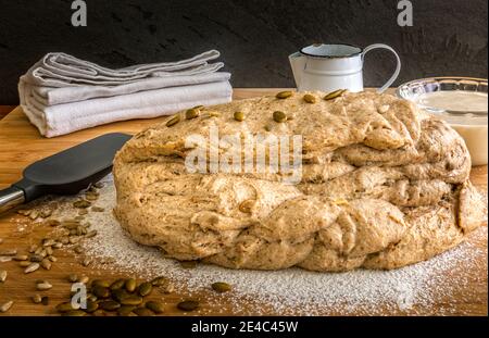 Pasta fresca fatta in casa, pasta intera di grano con zucca e semi di girasole Foto Stock