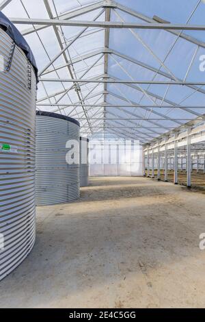 Tre enormi serbatoi di stoccaggio dell'acqua nella serra Foto Stock