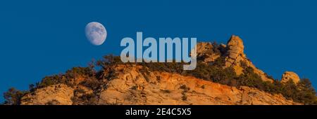 Vista ad angolo basso della luna sulle scogliere, Zion National Park, Utah, USA Foto Stock
