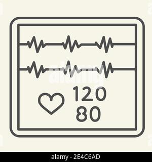 Icona della linea sottile del cardiogramma. Monitoraggio del polso sullo schermo pittogramma con contorno su sfondo bianco. Il monitor visualizza la frequenza cardiaca per dispositivi mobili Illustrazione Vettoriale