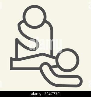Icona della linea di massaggio. Pittogramma professionale con profilo del paziente e massaggiatore su sfondo bianco. Massaggio Spa e relax per mobile concept e web Illustrazione Vettoriale