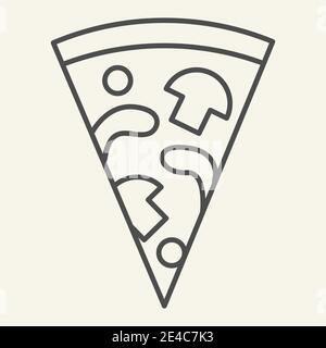 Fetta di pizza con funghi icona linea sottile. Illustrazione vettoriale fast food isolata su bianco. Design in stile outline food italiano, progettato per il web e. Illustrazione Vettoriale