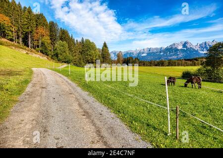 Un sentiero vicino al villaggio Maishofen in Austria. A soli 10 minuti da Zell am See Foto Stock