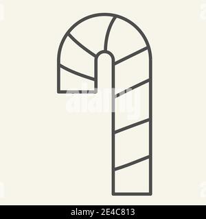 Icona della linea sottile della canna da zucchero caramella. Natale menta candy canna con strisce contorno stile pittogramma su sfondo bianco. Dolce bastone per le vacanze per dispositivi mobili Illustrazione Vettoriale