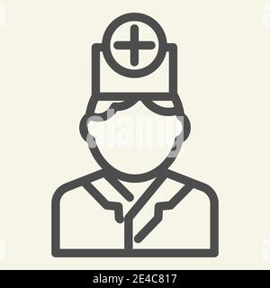 Icona della linea del medico. Medico o infermiere in cappello con pittogramma a croce su sfondo bianco. Terapista per il concetto mobile e il web design Illustrazione Vettoriale