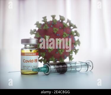 Immagine concettuale per la scoperta di un vaccino per il Covid-19, Coronavirus, 2019-nCoV, SARS-cov-2. Illustrazione 3D. Foto Stock