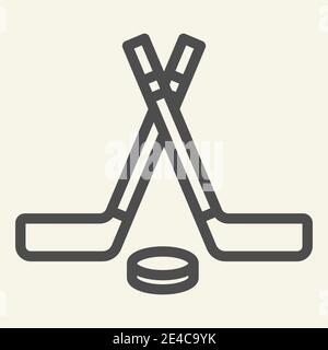 Icona della linea dei bastoni di hockey. Pittogramma stile outline dei segni di sport invernali su sfondo beige. Bastoni da hockey incrociati e puck per il concept mobile e il web Illustrazione Vettoriale