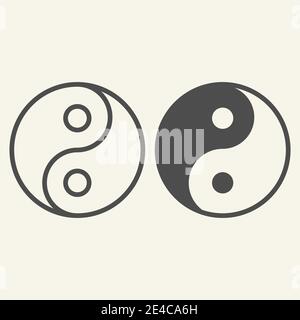 Linea Yin Yang e icona continua. Simbolo dell'armonia e dell'equilibrio, pittogramma stile contorno su sfondo beige. La filosofia del buddismo Yin-yang insegna per il mobile Illustrazione Vettoriale