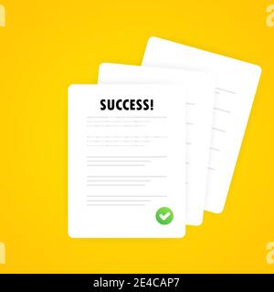 Icona documenti. Risma di fogli di carta. Documento confermato o approvato. Documento firmato, accordo legale, modulo di partnership, transazione riuscita Illustrazione Vettoriale