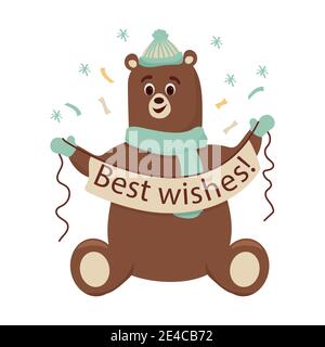 Orso bruno carino in maglia cappello e sciarpa seduta, tenendo banner con testo migliori auguri isolato su sfondo bianco. Clipart positive, divertenti, caratteri Illustrazione Vettoriale