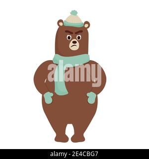 Cartoon divertente orso con emozioni arrabbiate con cappello e sciarpa isolato su sfondo bianco. Icona, adesivo animale, marrone grizzly. Illustrazione vettoriale Illustrazione Vettoriale