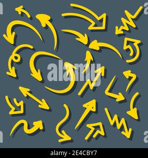 Serie di frecce gialle. Frecce disegnate a mano dal vettore Illustrazione Vettoriale