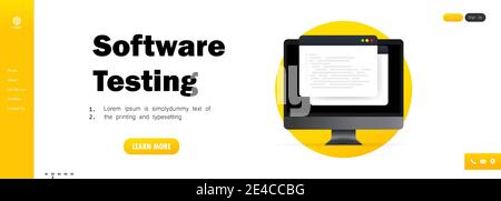 Banner di test del software. Sviluppo, programmazione, codifica su illustrazione del calcolatore. Illustrazione Vettoriale