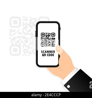 Icona dello scanner QR. Il telefono cellulare in mano esegue la scansione del codice QR. Eseguire la scansione del codice qrcode utilizzando un telefono cellulare. Acquisire il codice qr sul telefono cellulare. Per il payme digitale Illustrazione Vettoriale
