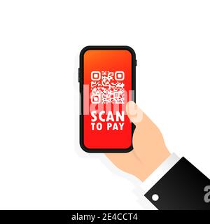 Esegui la scansione del codice QR per pagare con il telefono cellulare. Smartphone scansione codice QR. Verifica del codice a barre. Scansione di tag, generare pagamenti digitali senza soldi. Scansione b Illustrazione Vettoriale