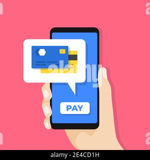 Tenere a mano lo smartphone con la carta di credito sullo schermo. Pagamento mobile con il concetto di smartphone. Illustrazione Vettoriale