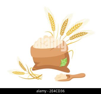 Sacchetto di farina e spighe di grano, paletta di legno, composizione cartoon. Farina di mucchio, spokelet di grano dorato. Raccogliere la produzione di farina agricola. Pane e raccolto disegno fattoria, imballaggio biologico etichetta vettore Illustrazione Vettoriale