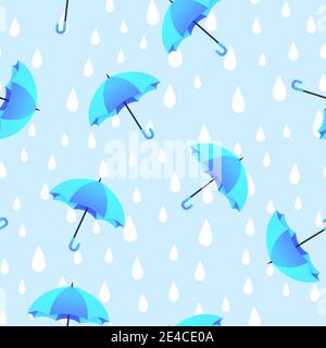 Ombrello blu e doodles pioggia disegno a mano senza cuciture motivo. Illustrazione Vettoriale