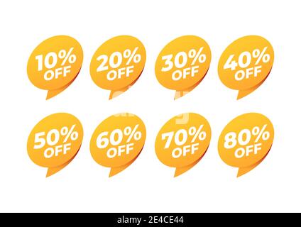 Etichette di vendita e sconto. Icona di sconto sul prezzo. 10, 20, 30, 40, 50, 60, 70, 80% di vendita. Illustrazione Vettoriale