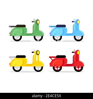 Colorato stile scooter cartone animato. Set di scooter vettoriali moderni. Illustrazione Vettoriale