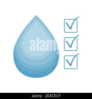 Goccia d'acqua pulita, qualità approvata, simbolo ok isolato su sfondo bianco. Emblema, segno di acqua potabile e filtrata. Elemento di progettazione. Illustrazione vettoriale Illustrazione Vettoriale