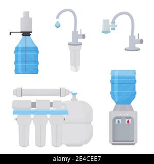 Set di filtri dell'acqua apparecchiature portatili, oggetti domestici per acqua pulita isolati su sfondo bianco. Filtri per refrigeratori, caraffa e tubi. Colorato in Fla Illustrazione Vettoriale