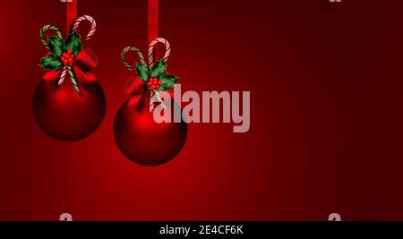 Due palline di Natale rosse con nastro sempreverde e rosso Foto Stock